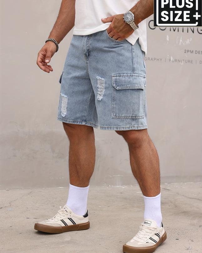 Men's Relaxed Fit Denim Cargo Shorts with Elastic Waistband & Side Pockets - Machine Washable Casual Workwear Style, Solid Color Loose Comfort for Casual Attire, Denim Shorts, Outdoor Activities, Utility Style, Sturdy Constru - SeviSa