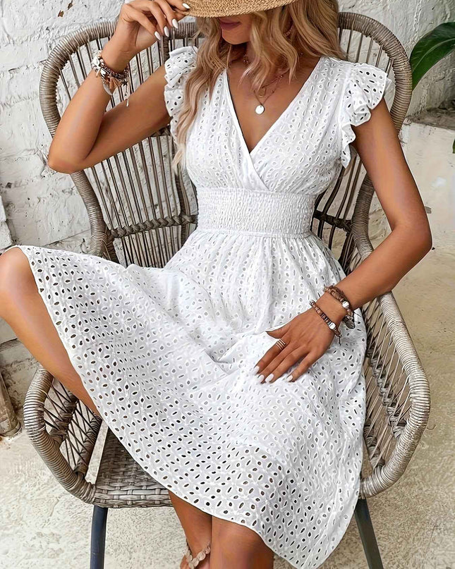 Elegant Ruffle Sleeve V-Neck Dress with Tiered Hem - Navy Blue, Knee-Length, Perfect for Spring & Summer, Women'S Fashion, Casual Elegance | Tiered Hem Dress | Ruffle Sleeve Dress