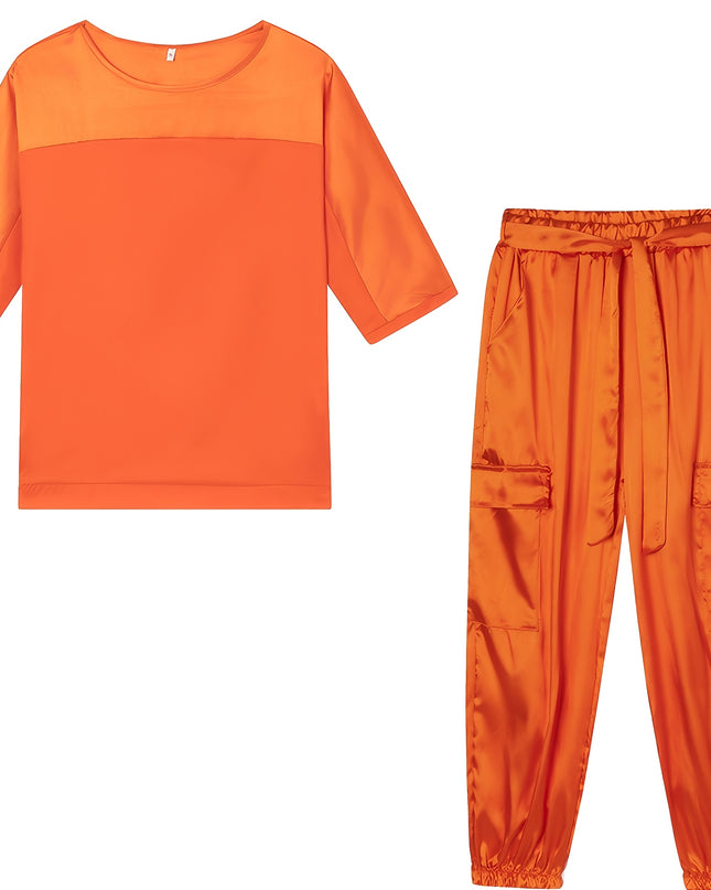 2025 New European and American Cross-Border Fashion Women'S Smooth Satin Half-Sleeve Top and Pants Set, Casual Two-Piece Outfit