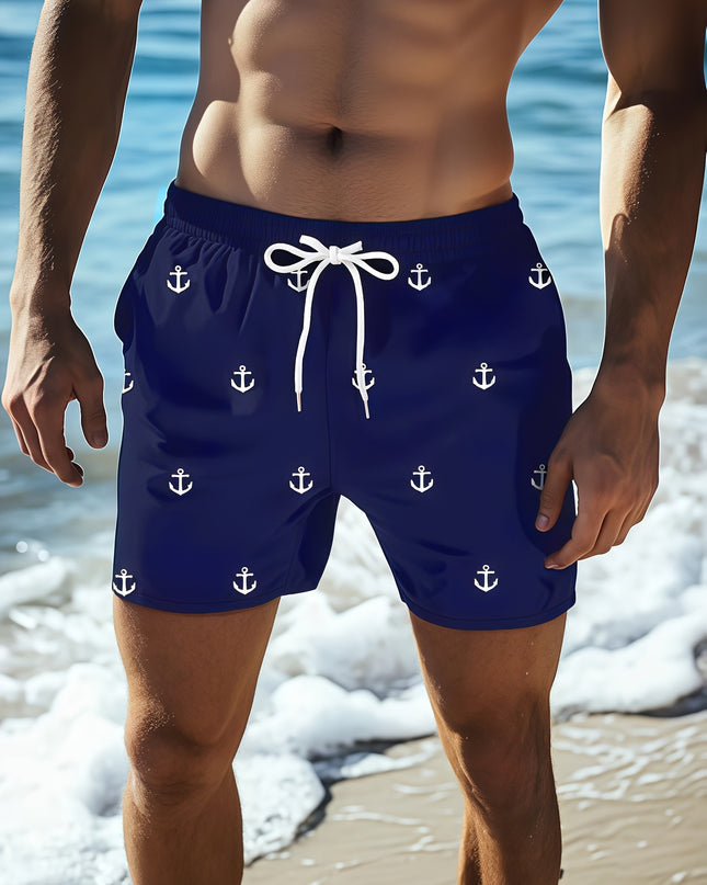 Men'S Plus Size Casual Beach Shorts - Double Layer, Quick-Dry, Drawstring Waist, Print Anchor Design, Red, Perfect for Tropical Vacations & Summer Sports, Beach Short - SeviSa
