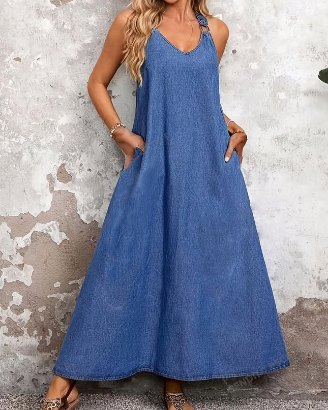 Women'S Elegant V-Neck Long Dress - Light Blue Faux Denim-Look Fabric, Flowy A-Line Silhouette, Perfect for Spring/Summer, Casual to Semi-Formal Wear, Casual Summer Dress | Vneck Dress | Texture - SeviSa