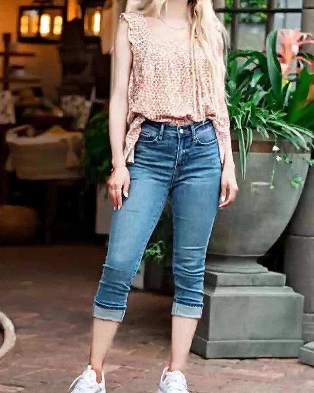 Women'S High-Waisted Retro Blue Denim Capri Pants - Stretchy, Button-Front, Straight Leg Mid-Thigh Length for Spring/Summer/Fall, Summer Casual Wear|Vintage Blue Capri Pants|Glossy Fabric - SeviSa