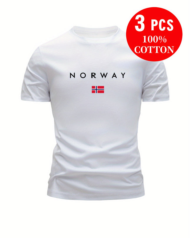 3pcs Men'S 100% Cotton Slim Fit T-Shirts - Breathable Sweat Absorbent Summer Casual Tees with "NORWAY" Graphic Print, Round Neck Short Sleeve for Outdoor & Casual Attire, Comfortable Clothing, Simple Solid Color Design, Breat - SeviSa