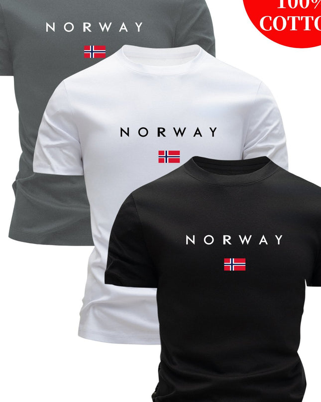 3pcs Men'S 100% Cotton Slim Fit T-Shirts - Breathable Sweat Absorbent Summer Casual Tees with "NORWAY" Graphic Print, Round Neck Short Sleeve for Outdoor & Casual Attire, Comfortable Clothing, Simple Solid Color Design, Breat - SeviSa