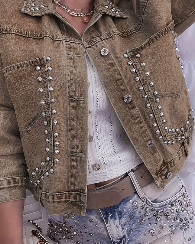 European and American Women's open-front studded short jacket with an OVERSIZE fit, size runs large; if you prefer a slim fit, consider purchasing one size smaller - SeviSa