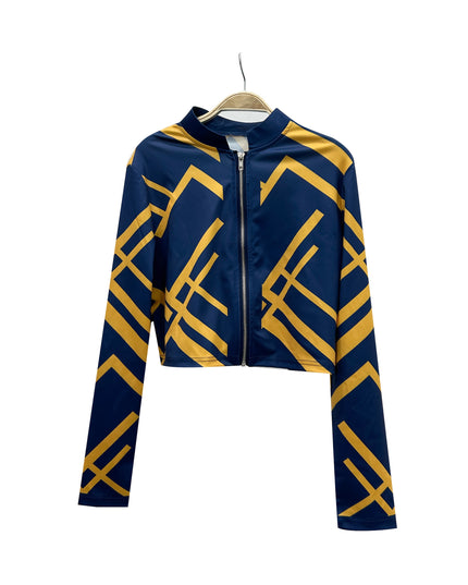 Women'S Geometric Print Zip-Up Jacket and Dress Set - Navy Blue and Yellow, Knit Polyester, Long Sleeve, Zipper Front, All-Season Wear, Stylish Office Attire, Office Attire|Geometric Print|Zippered Jacket