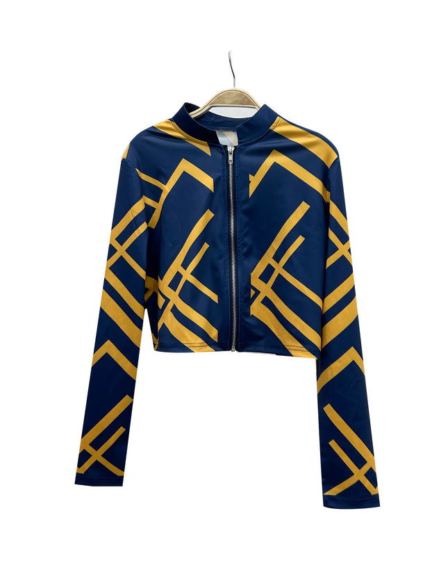 Women'S Geometric Print Zip-Up Jacket and Dress Set - Navy Blue and Yellow, Knit Polyester, Long Sleeve, Zipper Front, All-Season Wear, Stylish Office Attire, Office Attire|Geometric Print|Zippered Jacket
