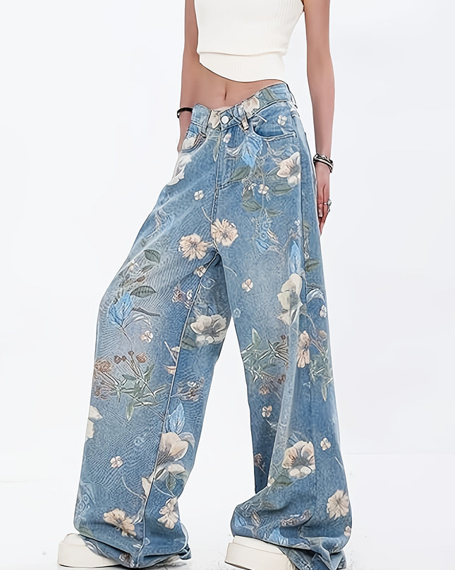 [Allseason Versatility] Women's High-Waisted Floral Print Loose-Fit Wide Leg Jeans - Light Blue Denim with Elastic Waistband, Street Style Fashion Pants for All Seasons - SeviSa