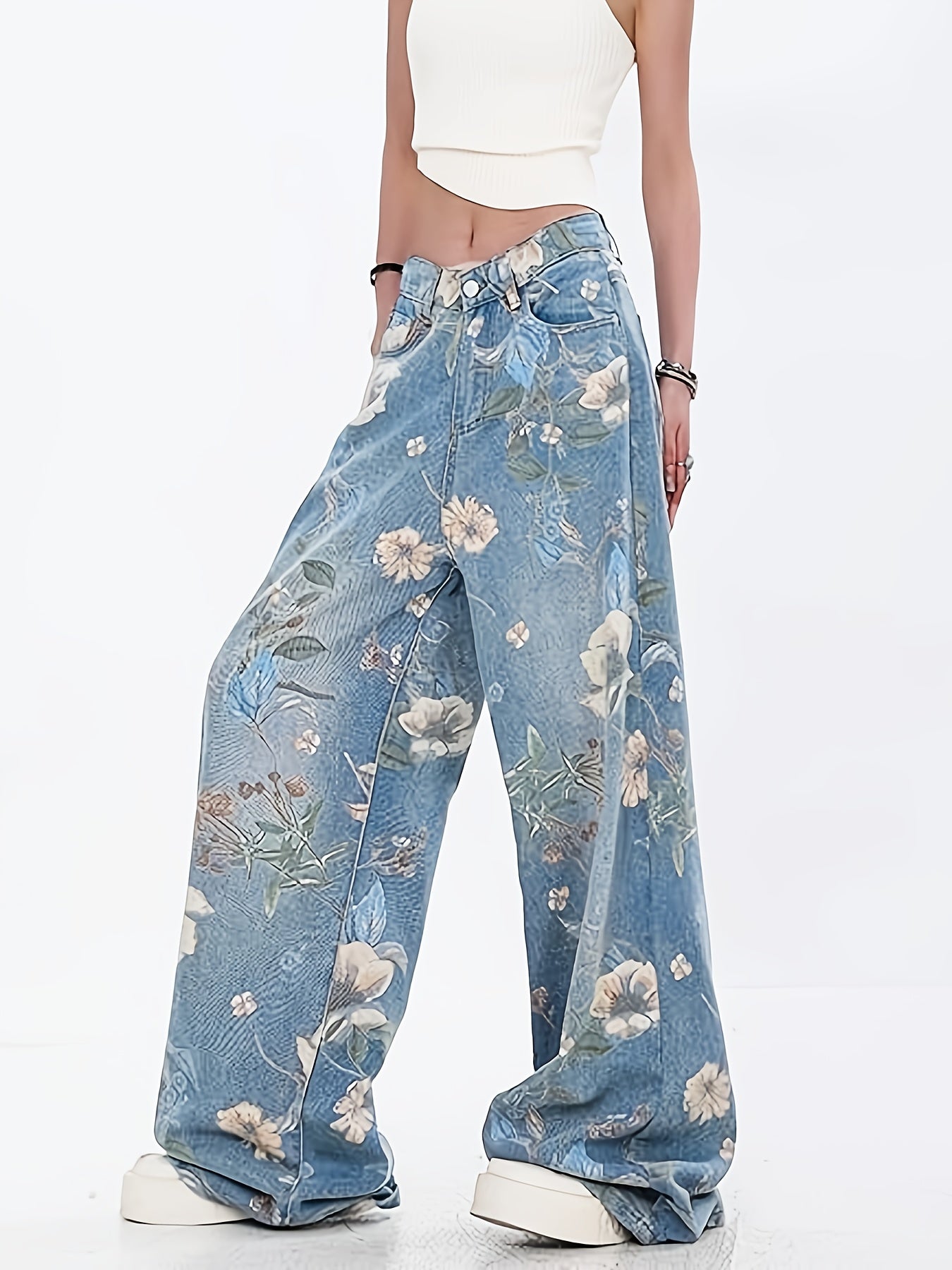 [Allseason Versatility] Women's High-Waisted Floral Print Loose-Fit Wide Leg Jeans - Light Blue Denim with Elastic Waistband, Street Style Fashion Pants for All Seasons - SeviSa