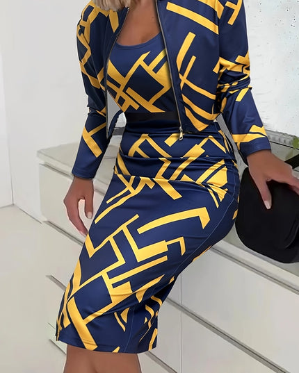 Women'S Geometric Print Zip-Up Jacket and Dress Set - Navy Blue and Yellow, Knit Polyester, Long Sleeve, Zipper Front, All-Season Wear, Stylish Office Attire, Office Attire|Geometric Print|Zippered Jacket