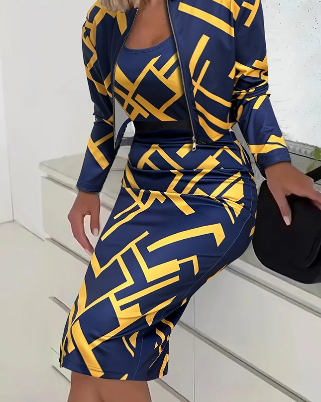 Women'S Geometric Print Zip-Up Jacket and Dress Set - Navy Blue and Yellow, Knit Polyester, Long Sleeve, Zipper Front, All-Season Wear, Stylish Office Attire, Office Attire|Geometric Print|Zippered Jacket