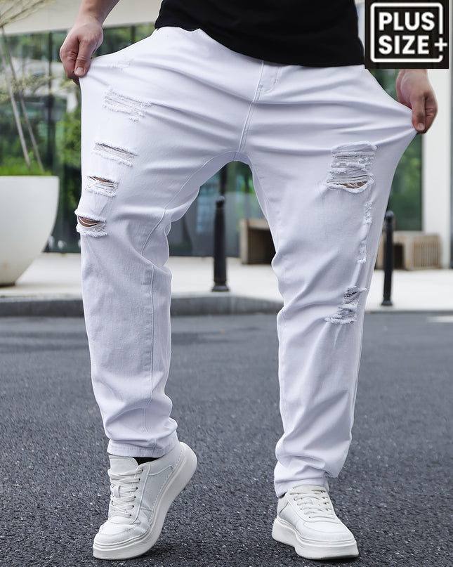 Men'S Plus Size Loose Fit Ripped Jeans, 98% Cotton 2% Elastane, All-Season Solid Color, Medium Stretch, Regular Style, Woven Fabric, 382g/m² - Casual Basics - SeviSa