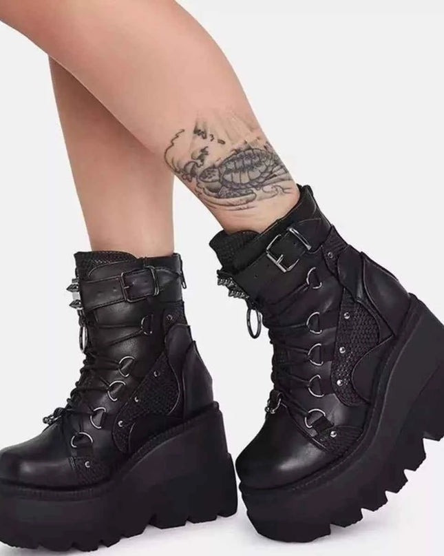 Lace Up Round Toe Wedge Boots