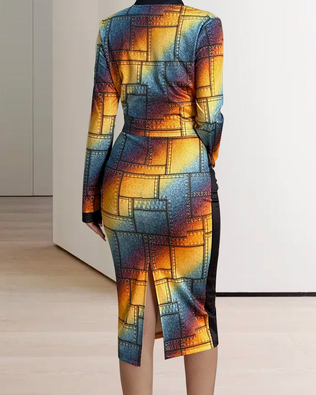 Women'S Geometric Print Zip-Up Jacket and Dress Set - Navy Blue and Yellow, Knit Polyester, Long Sleeve, Zipper Front, All-Season Wear, Stylish Office Attire, Office Attire|Geometric Print|Zippered Jacket