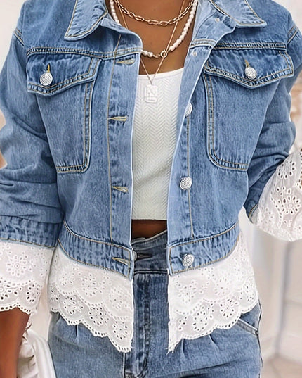 Women's Elegant Light Blue Denim Jacket with Contrast Lace Trim, Flap Pockets, and Button-Up Front - Stylish Long Sleeve Outerwear for Spring/Fall, Spring Outerwear | Buttonup Jacket | Polyester Denim - SeviSa