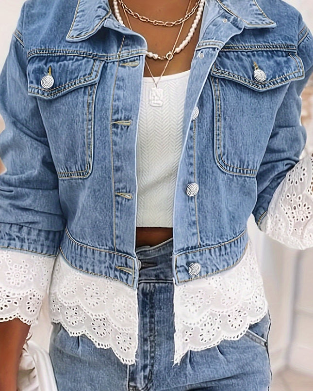 Women's Elegant Light Blue Denim Jacket with Contrast Lace Trim, Flap Pockets, and Button-Up Front - Stylish Long Sleeve Outerwear for Spring/Fall, Spring Outerwear | Buttonup Jacket | Polyester Denim - SeviSa