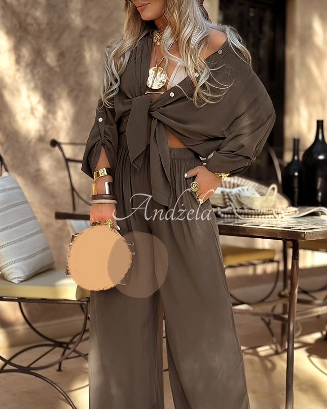 Women'S Elegant Button-Up Shirt and Wide-Leg Pants Set - Casual Chic, Solid Color, All-Season Versatile Outfit for Beach Vacations, Beach Attire|Chic Casual Attire|Polyester Blend