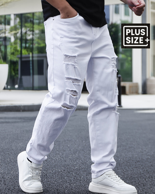 Men'S Plus Size Loose Fit Ripped Jeans, 98% Cotton 2% Elastane, All-Season Solid Color, Medium Stretch, Regular Style, Woven Fabric, 382g/m² - Casual Basics - SeviSa