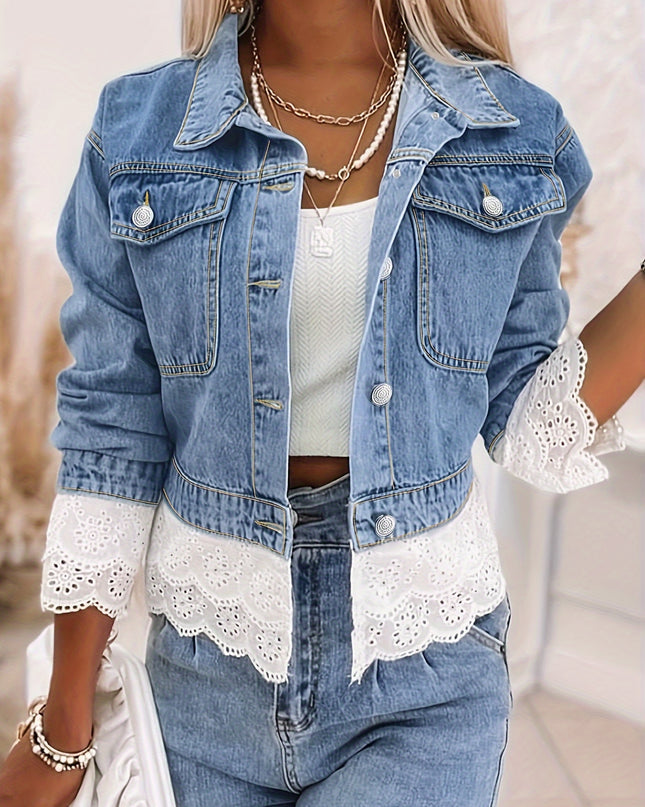 Women's Elegant Light Blue Denim Jacket with Contrast Lace Trim, Flap Pockets, and Button-Up Front - Stylish Long Sleeve Outerwear for Spring/Fall, Spring Outerwear | Buttonup Jacket | Polyester Denim - SeviSa