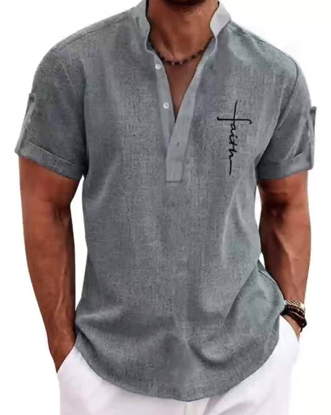 Men's Letter Print "FAITH" Short Sleeve Stand Collar Henley Shirt, Casual And Chic Tops For Summer Business And Outdoors Leisurewear - SeviSa