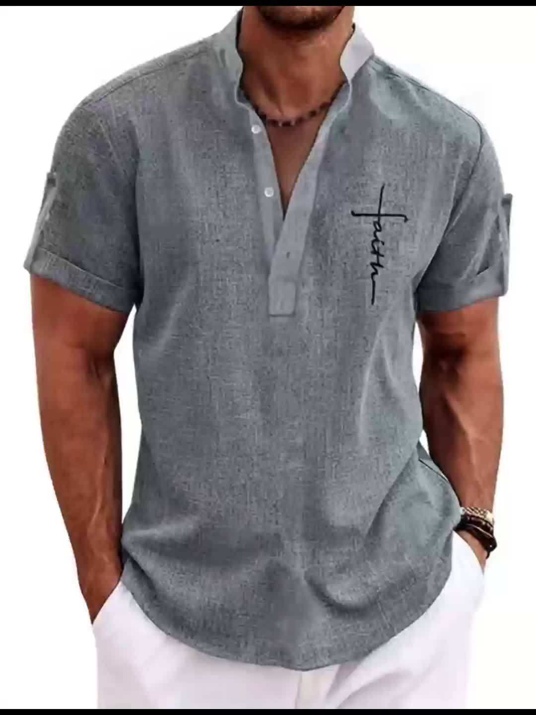 Men's Letter Print "FAITH" Short Sleeve Stand Collar Henley Shirt, Casual And Chic Tops For Summer Business And Outdoors Leisurewear - SeviSa
