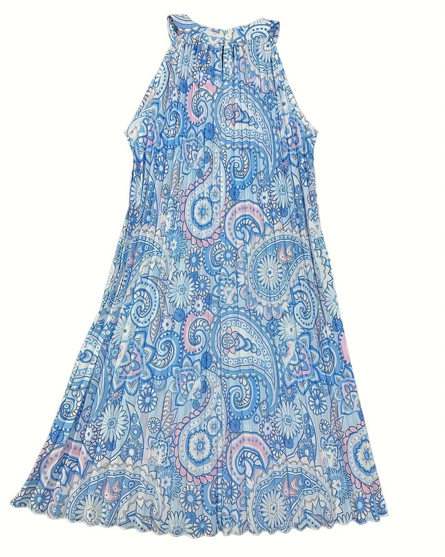 2024 European And American Summer New Geometric Pattern Printed Sleeveless Pleated Off-Shoulder Vacation Style Dress - SeviSa