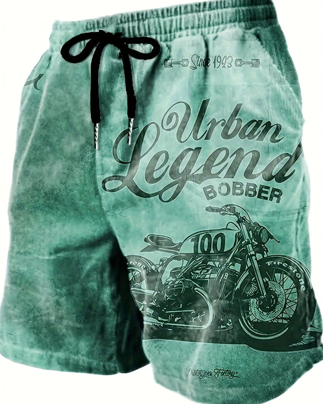 Men's Retro Motorcycle Print Shorts | Urban Legend Bobber | Vintage Biker Graphic | Polyester with Drawstring Waistband | Machine Washable | Casual Summer Wear, Motorcycle Apparel | Retro Bobber Design | Smooth Texture Fabric - SeviSa