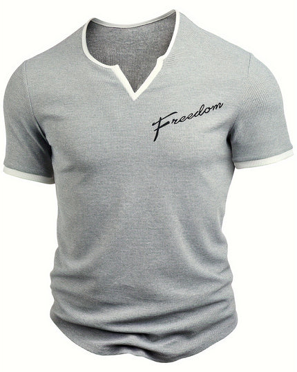 Men's Alphabet Print "FREEDOM" Waffle Knit T-shirt, V-neck And Short Sleeve Tee, Tops Perfect For Summer Fitness And Outdoors Activities - SeviSa