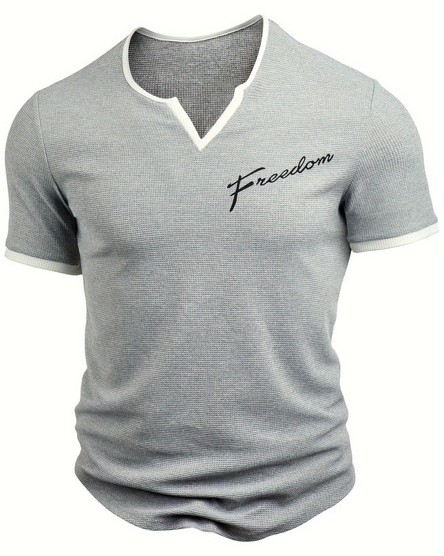 Men's Alphabet Print "FREEDOM" Waffle Knit T-shirt, V-neck And Short Sleeve Tee, Tops Perfect For Summer Fitness And Outdoors Activities - SeviSa