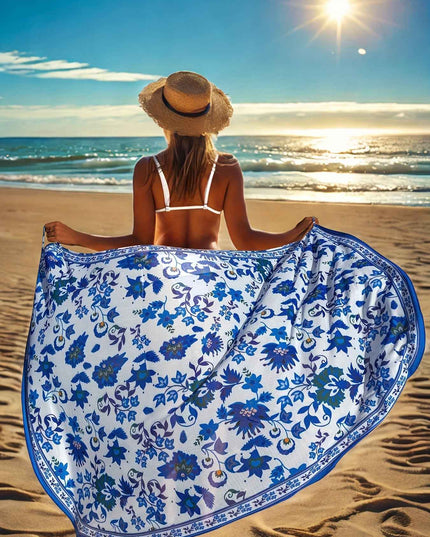 Women's Bohemian Floral Print Semi-Sheer Wrap Cover-Up - Lightweight Beach Wrap Skirt with Blue & White Floral Design, Machine Washable for Poolside & Vacation Wear, Summer Coverup, Stylish Beachwear, Soft Fabric