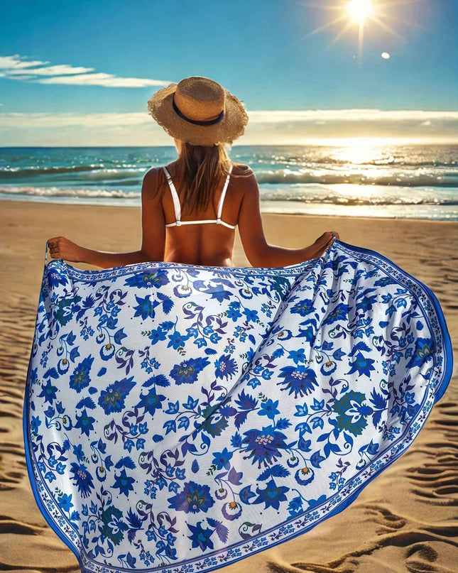 Women's Bohemian Floral Print Semi-Sheer Wrap Cover-Up - Lightweight Beach Wrap Skirt with Blue & White Floral Design, Machine Washable for Poolside & Vacation Wear, Summer Coverup, Stylish Beachwear, Soft Fabric