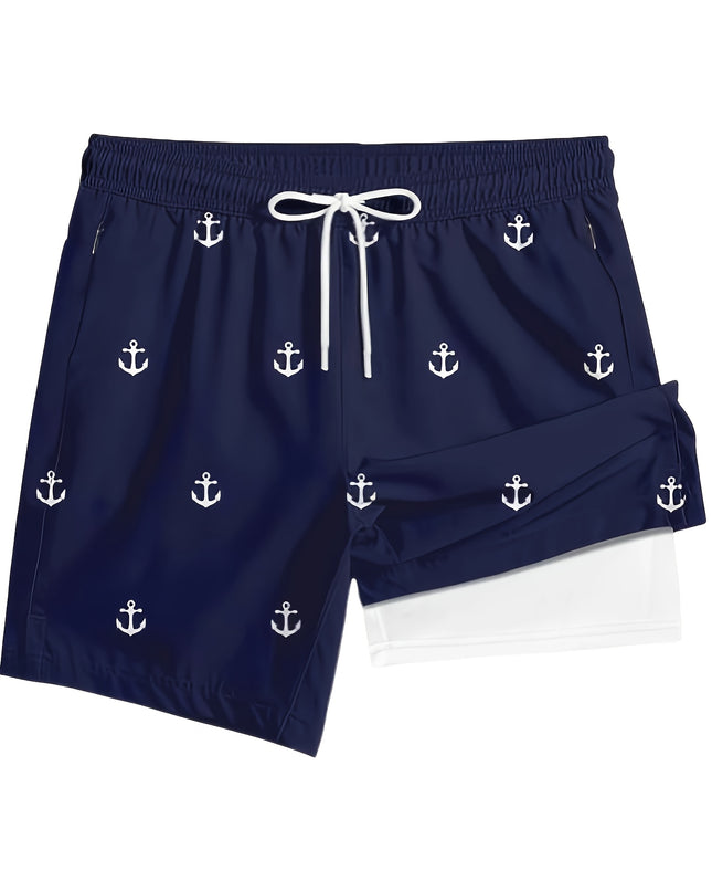 Men'S Plus Size Casual Beach Shorts - Double Layer, Quick-Dry, Drawstring Waist, Print Anchor Design, Red, Perfect for Tropical Vacations & Summer Sports, Beach Short - SeviSa