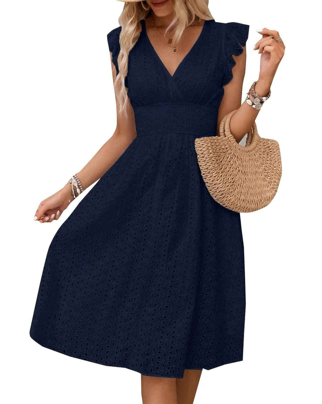 Elegant Ruffle Sleeve V-Neck Dress with Tiered Hem - Navy Blue, Knee-Length, Perfect for Spring & Summer, Women'S Fashion, Casual Elegance | Tiered Hem Dress | Ruffle Sleeve Dress