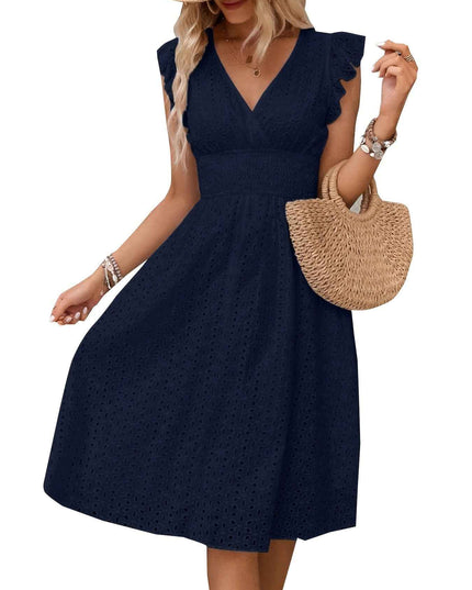 Elegant Ruffle Sleeve V-Neck Dress with Tiered Hem - Navy Blue, Knee-Length, Perfect for Spring & Summer, Women'S Fashion, Casual Elegance | Tiered Hem Dress | Ruffle Sleeve Dress