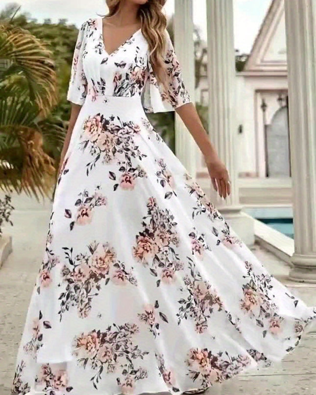 Women's Elegant V-Neck Floral Print Dress with Ruffled Short Sleeves - A-Line Long Maxi Dress, Machine Washable, Zipper Back, All-Season Versatile for Casual & Formal Occasions, Cute Dresses, Flowy Fabric Gown, Lightweight Ma - SeviSa