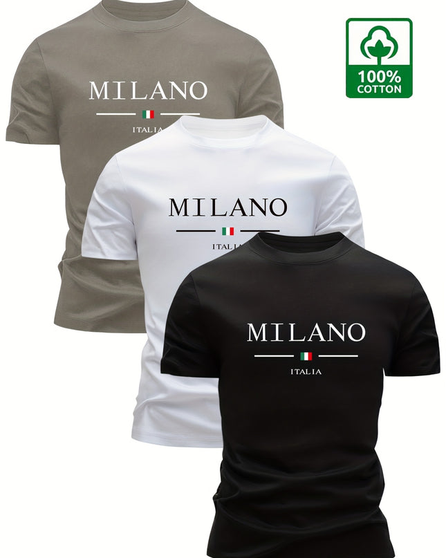 Set of 3 100% Cotton T-Shirts, Casual Letter Print Tees, Men'S Round Neck Tops, Perfect for Summer. - SeviSa