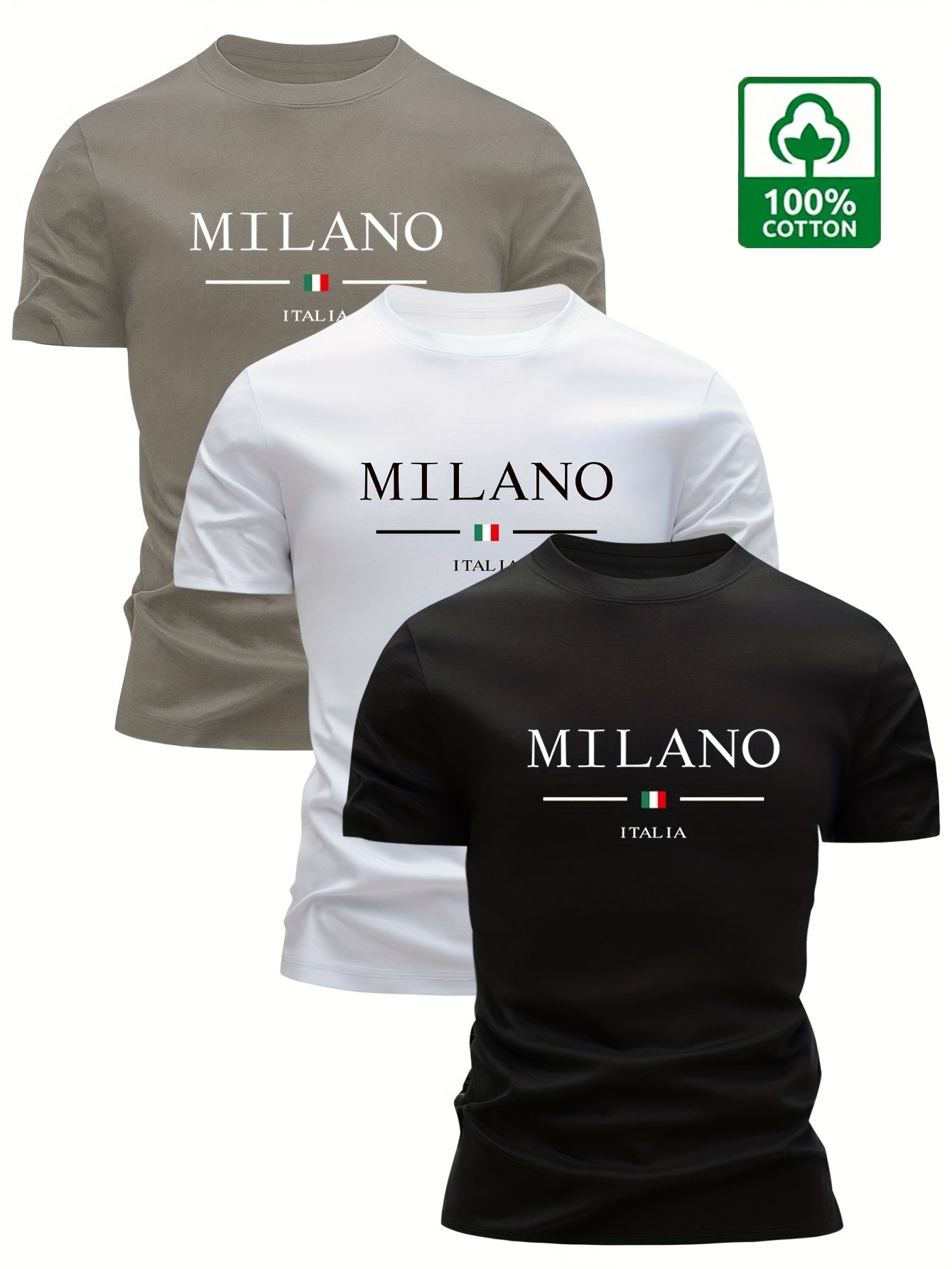 Set of 3 100% Cotton T-Shirts, Casual Letter Print Tees, Men'S Round Neck Tops, Perfect for Summer. - SeviSa