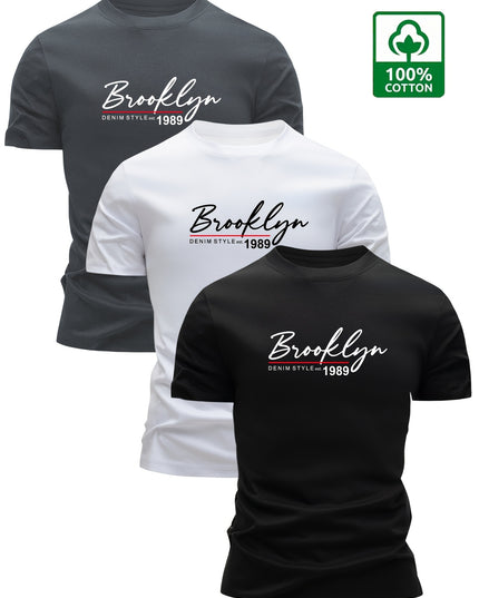 Set of 3 Men'S 100% Cotton T-Shirts, Lightweight for Summer, Breathable And Moisture-Wicking, Featuring a Round Neck And Print Design, Sweat-Resistant - SeviSa