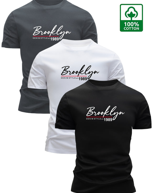 Set of 3 Men'S 100% Cotton T-Shirts, Lightweight for Summer, Breathable And Moisture-Wicking, Featuring a Round Neck And Print Design, Sweat-Resistant - SeviSa