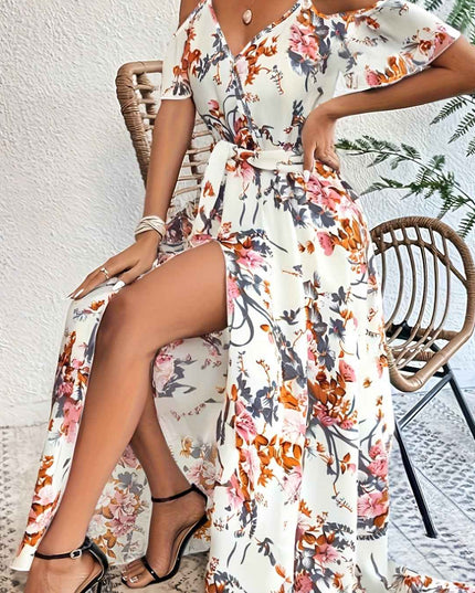 Elegant Floral Print V-Neck Maxi Dress with Tie-Waist and Ruffle Detail - Sleeveless, Flowy A-Line Skirt for Women, Perfect for Summer, Elegant Event Wear|Floral Print Dress|Polyester Fabric