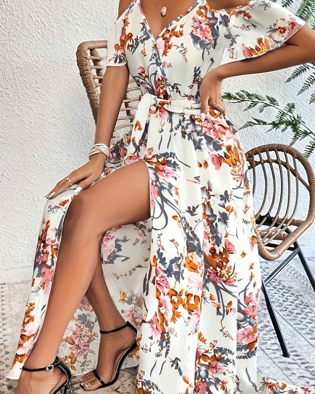 Elegant Floral Print V-Neck Maxi Dress with Tie-Waist and Ruffle Detail - Sleeveless, Flowy A-Line Skirt for Women, Perfect for Summer, Elegant Event Wear|Floral Print Dress|Polyester Fabric