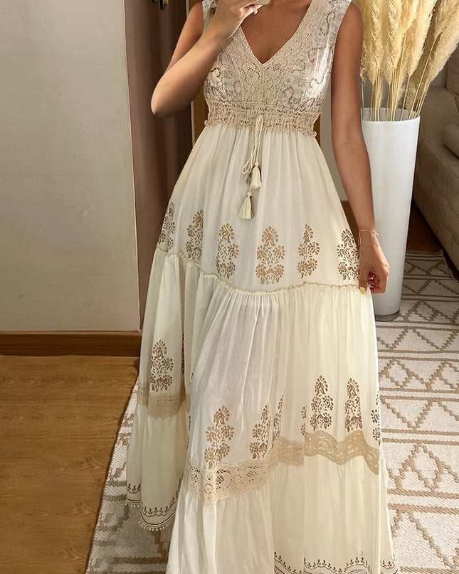 Vintage Floral Lace V-Neck Flare Sleeve Tiered Maxi Dress - Lightweight Breathable Non-Stretch Fabric, Hand Wash Only, Spring Summer Fall Women's Casual & Formal Dress, Lace Dress, Seasonal Fashion, Intricate Embroidery, Vaca - SeviSa