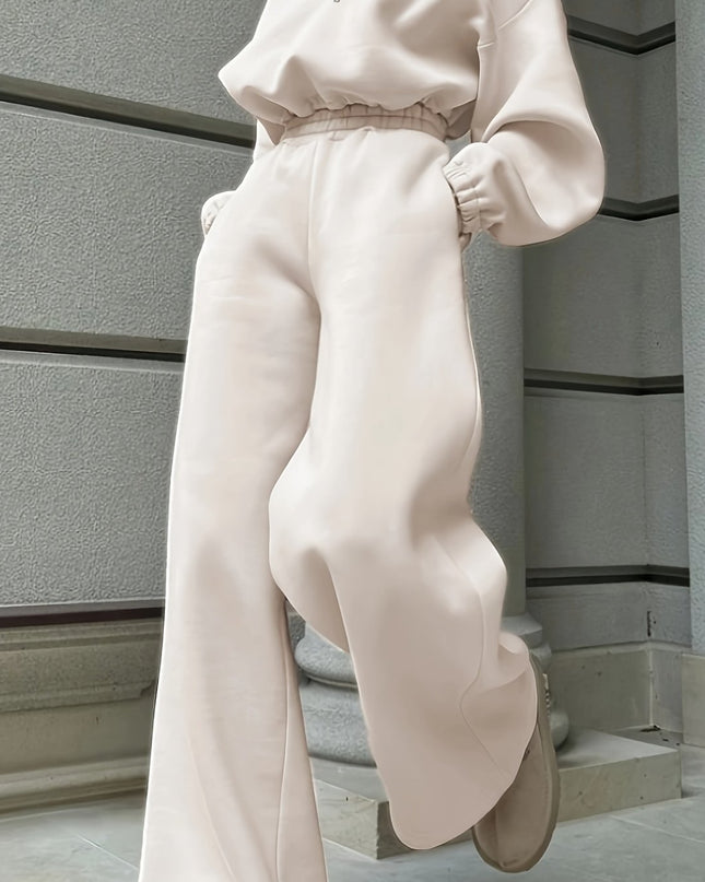 Women'S Cozy Beige Sweatshirt & Wide-Leg Pants Set - Casual Fall/Winter Polyester Knitwear with Elastic Waistband & Cuffs, Perfect for Casual Attire, Cozy Clothing | Relaxed Fit Pants | Polyester Knitwear