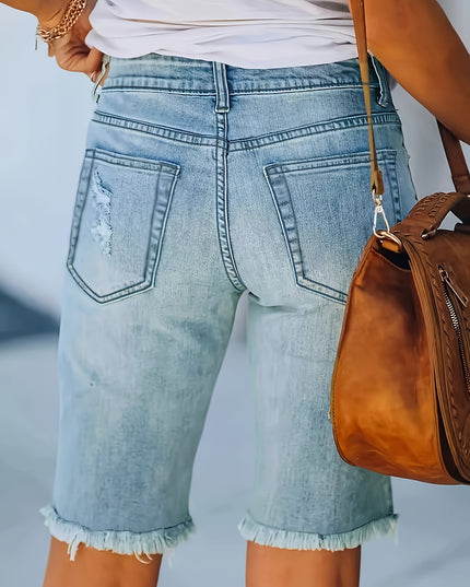 Women's 2025 Summer New Stretch Tummy Control Raw Hem Ripped Jean Shorts, Retro Light Blue Washed Slim Fit Mid-Length Fringe High Waist Denim Pants with Pockets, 90s Ladies' Clothing, Comfort Street Style Casual Pants Fit for - SeviSa