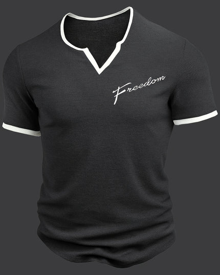 Men's Alphabet Print "FREEDOM" Waffle Knit T-shirt, V-neck And Short Sleeve Tee, Tops Perfect For Summer Fitness And Outdoors Activities - SeviSa
