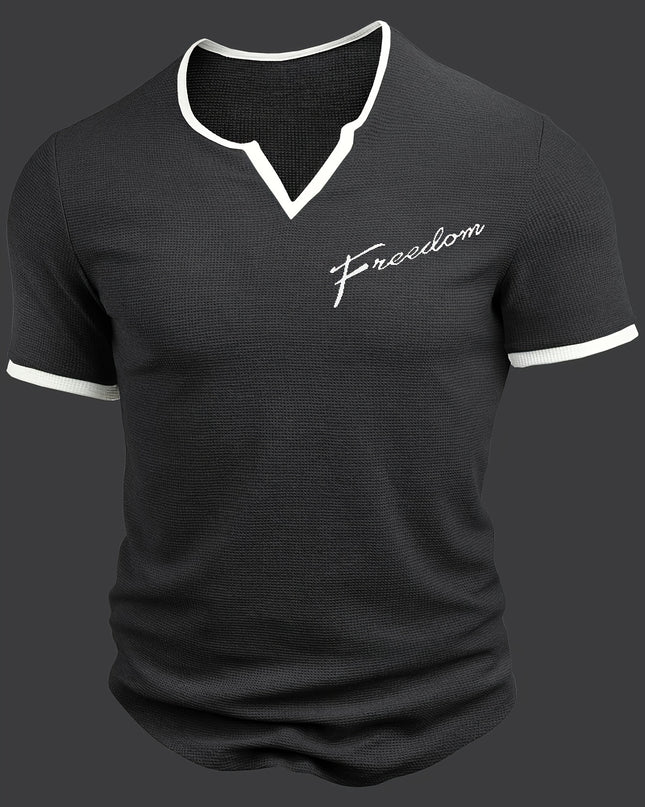 Men's Alphabet Print "FREEDOM" Waffle Knit T-shirt, V-neck And Short Sleeve Tee, Tops Perfect For Summer Fitness And Outdoors Activities - SeviSa