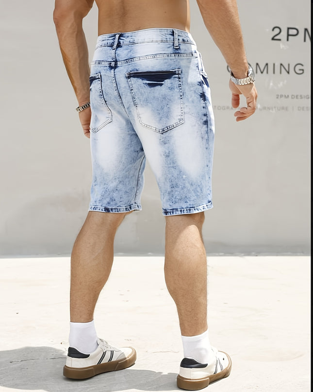 Plus Size Men's Heavy-Distressed Stretch Denim Shorts - Slim Fit Casual Summer Shorts with Pockets, Machine Washable, Blue & White Washed Design, Comfortable Wear, Durable Fabric, PLUS SIZE - SeviSa