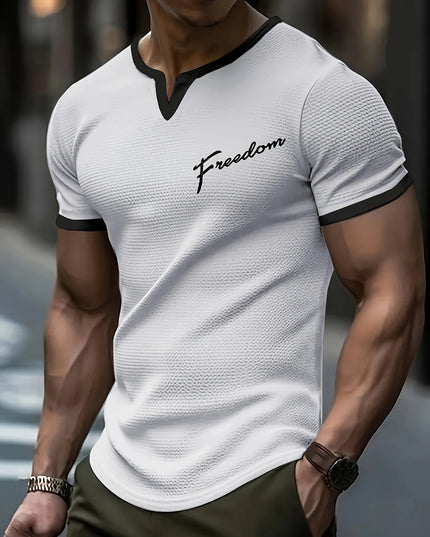 Men's Alphabet Print "FREEDOM" Waffle Knit T-shirt, V-neck And Short Sleeve Tee, Tops Perfect For Summer Fitness And Outdoors Activities - SeviSa