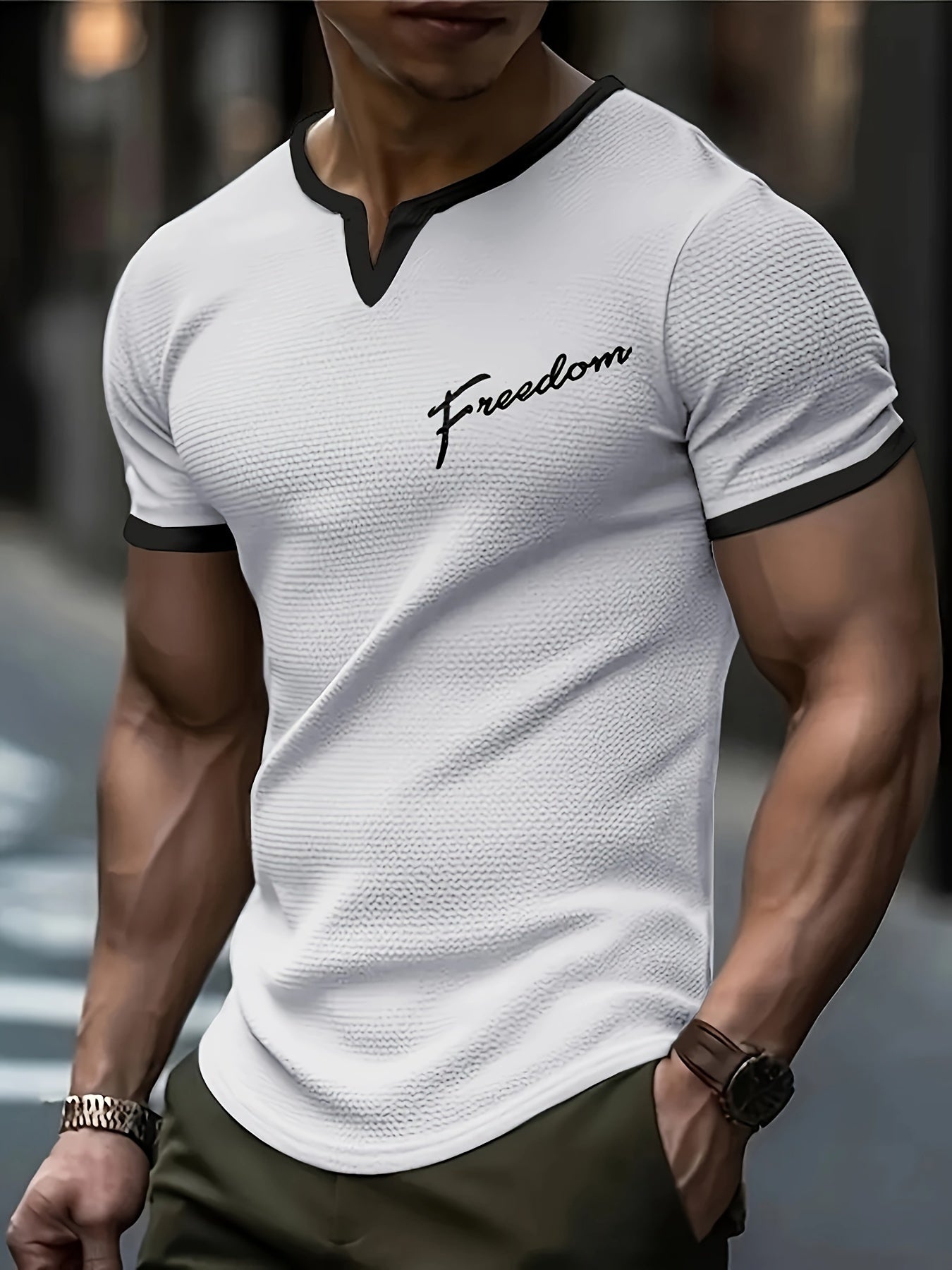 Men's Alphabet Print "FREEDOM" Waffle Knit T-shirt, V-neck And Short Sleeve Tee, Tops Perfect For Summer Fitness And Outdoors Activities - SeviSa