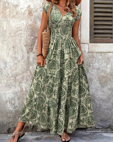 V-Neck Ruffled Hem Maxi Dress - Summer Beach Skirt with Floral Print, Cinched Waist & Flared Skirt, Lightweight Polyester for Adults, Beach Dresses - SeviSa